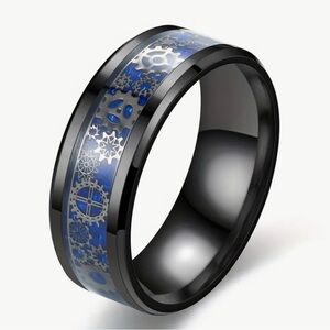 Black and Blue Gear Pattern Ring